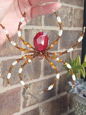 Hand Crafted • Brown White & Orange Beaded Spider Pendant
